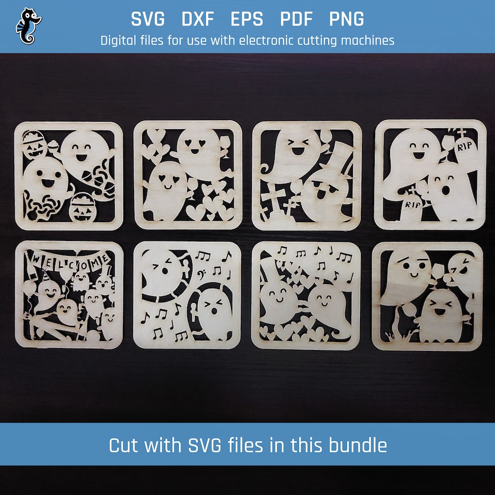 Coaster SVG - Ghost SVG coaster bundle image 5 All 8 ghost coaster designs shown on one page as digital, stylized coaster SVGs.